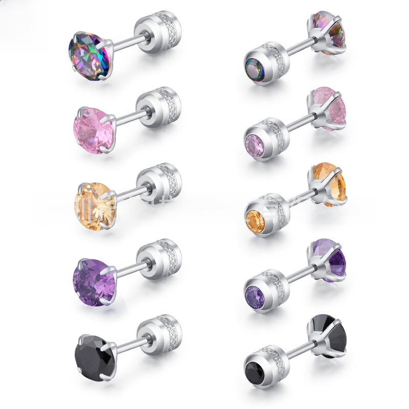 Creative titanium steel two-ended diamond four-claw colored zircon stud earrings crystal diamond stainless steel fine needle 3A zircon inlaid diamond earrings