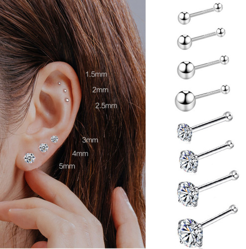 s999 sterling silver glossy round bead bean earrings four-claw silver ear bone nail mini ear piercing anti-allergic ear jewelry