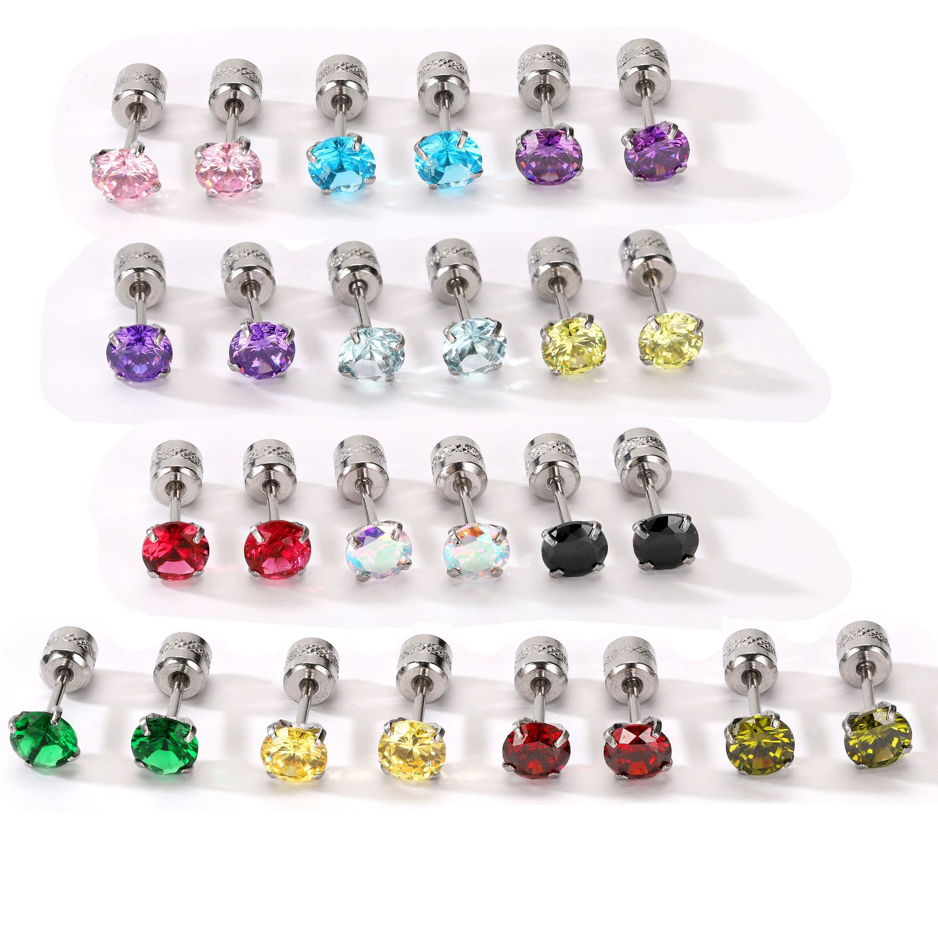 Colorful four-prong zircon earrings wholesale pink purple double-pronged zircon embossed earrings cross-border hot selling ear bone nails
