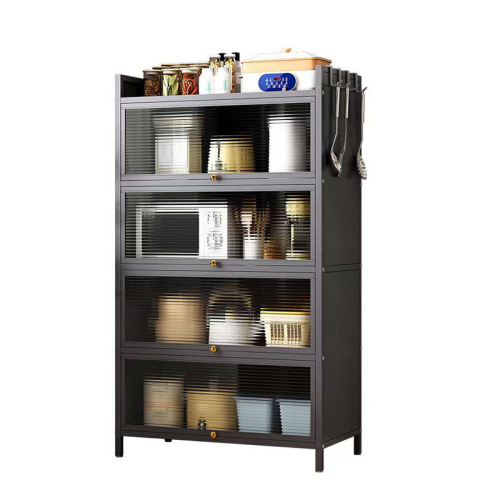 Kitchen storage cabinet dust-proof with door household storage cabinet without punching microwave oven rack thickened carbon steel storage cabinet