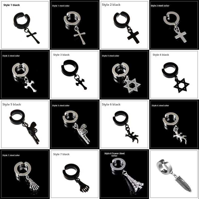Black Korean style non-pierced earrings cross war wolf tide earrings titanium steel ear clip stainless steel ear buckle set for men