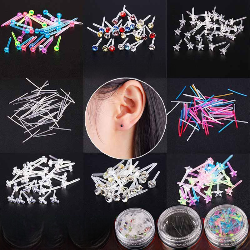 (Exquisite small box with ear plugs) Plastic ear sticks for ear piercing glue sticks for anti-blocking ear sticks straight stick bean earrings