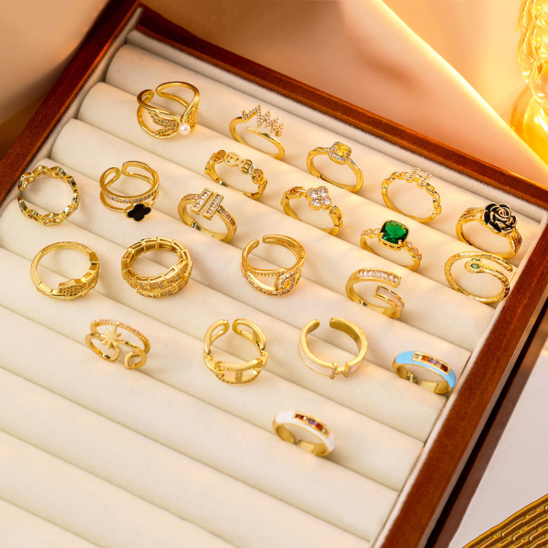 Internet celebrity exquisite super flash zircon ring for girls, light luxury and high-end open adjustable ring, simple real gold plating