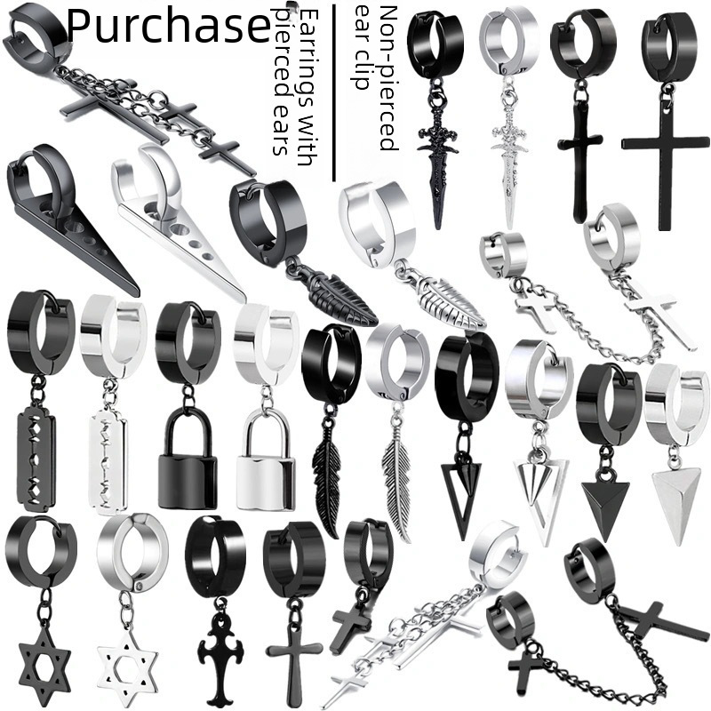 Japanese and Korean version of fashion temperament collection trendy European and American small black personality hip-hop earrings long earrings e-commerce wholesale