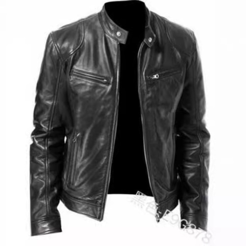 Foreign trade winter business gentleman warm zipper cardigan pocket decoration PU leather jacket stand collar slim leather jacket