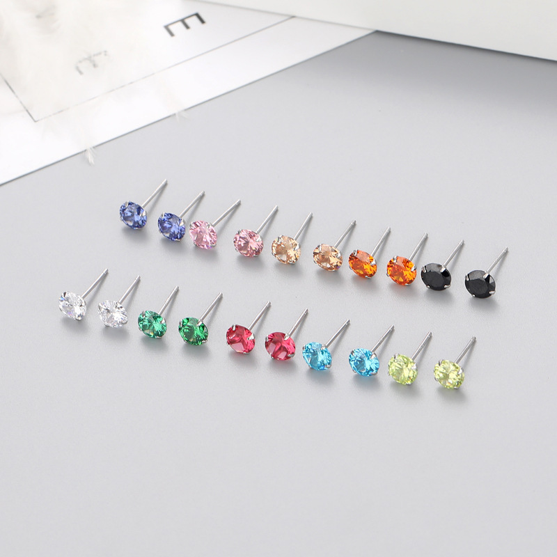 Silver Baida s925 sterling silver four-claw earrings, simple style zircon mini colored diamonds, versatile ear piercing earrings for men and women