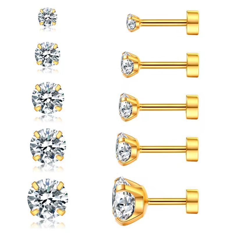 Cross-border European and American titanium steel AAA zircon fine needle earrings round ball four-claw bone nails unisex thorn jewelry earrings
