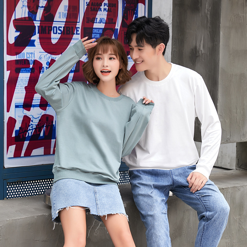 Spring and Autumn 260g Small Terry Loose Round Neck Sweater Loose Korean Style Round Neck Unisex Style Long Sleeves Can be DIY Printed