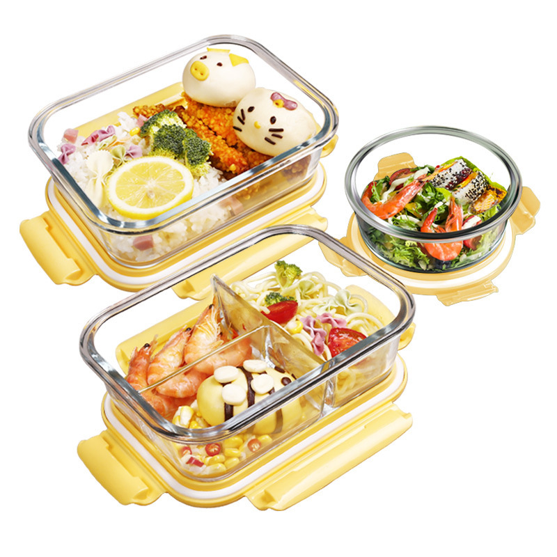 Wholesale high borosilicate glass bowl with lid microwave oven separated household lunch box family glass bowl heating lunch box
