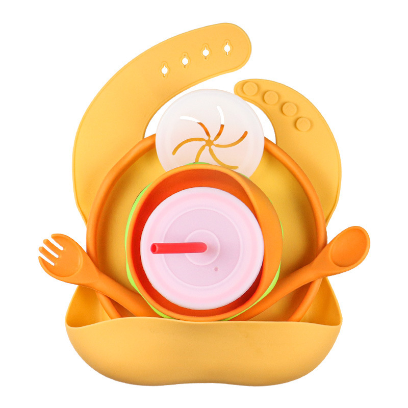Cross-border silicone tableware set children's dinner plate burger pizza cola cup tableware set silicone dinner plate bib bowl
