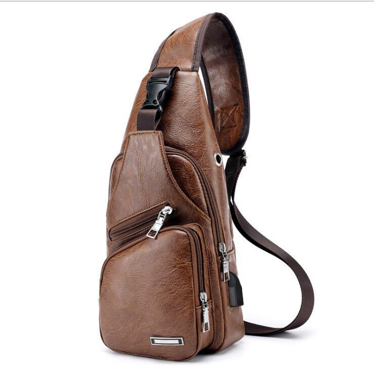 Cross-border supply USB charging chest bag casual fashion shoulder bag factory wholesale PU men's chest bag