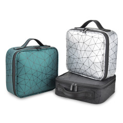 Small portable professional rhombus PU partition storage cosmetic case with embroidered manicure and beauty travel cosmetic bag