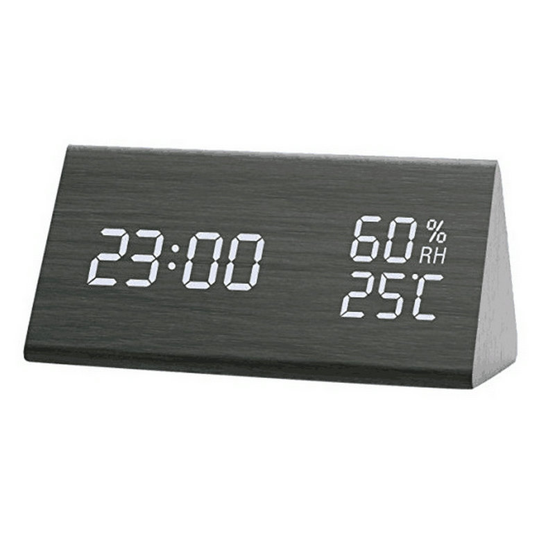 Factory sales wooden digital alarm clock, temperature and humidity clock, LED wooden clock, triangular electronic clock, LED wooden clock