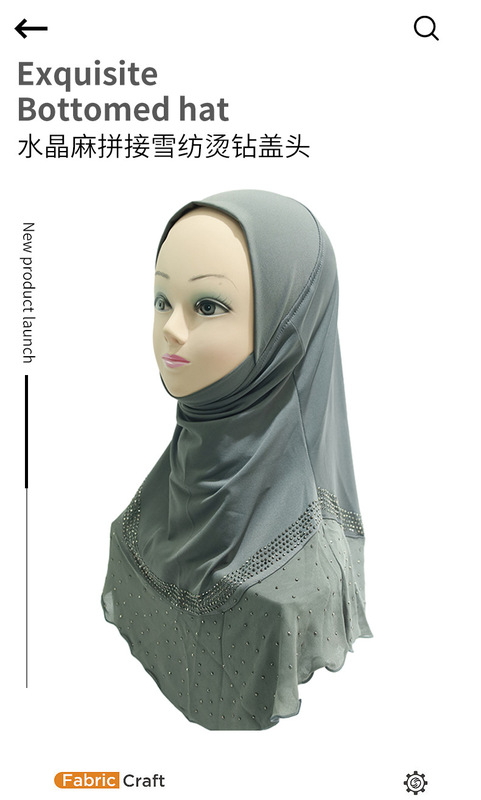 Crystal linen spliced ​​chiffon hot rhinestone rounded corner hood