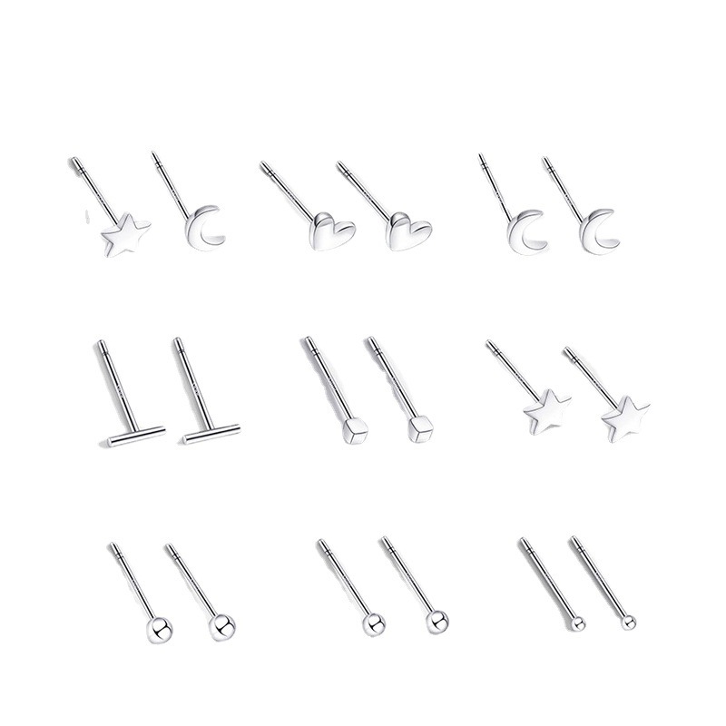 s999 Pure Silver Ear Hole Earrings Women's Sterling Silver Small Mini Double-Headed Ear Sticks Ear Bone Nails Simple Ear Needle Earrings