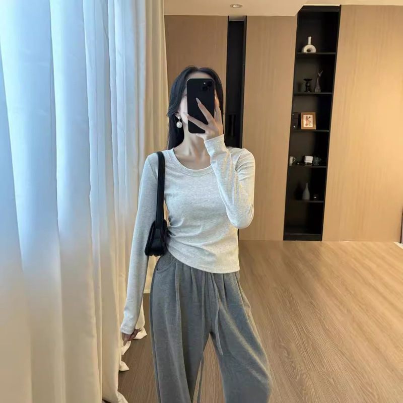 Thirteen lines of R*S home!  2024 Autumn New Simple Casual Slim Versatile Right Shoulder Long Sleeve Cotton T-shirt for Women