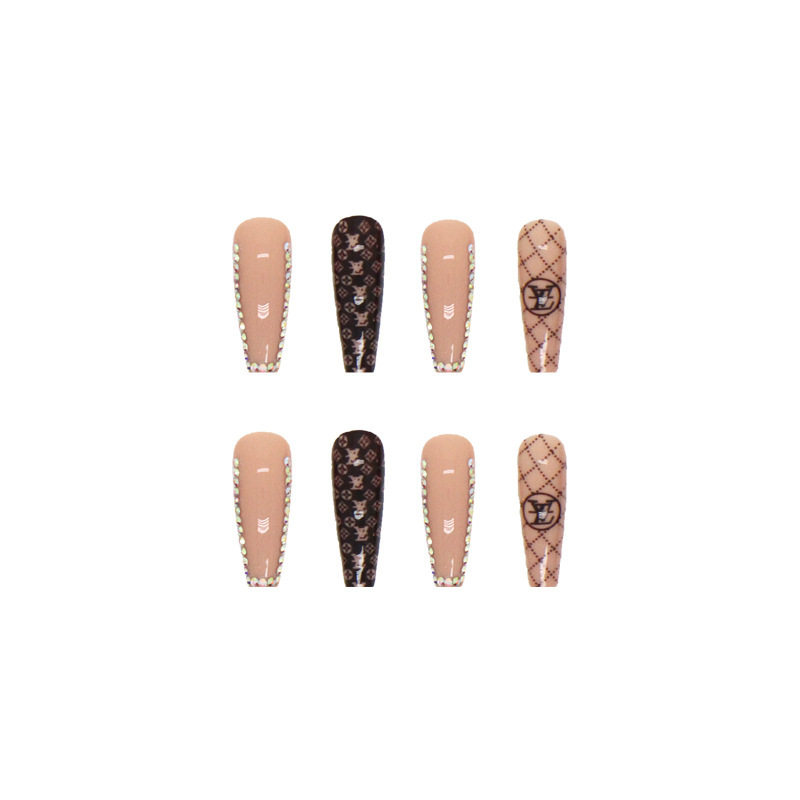 Long Diamond Wear Nails Exploding French Diamond Nude Milk Coffee Manicure Finished Wholesale Fake Nails Factory Direct Sales