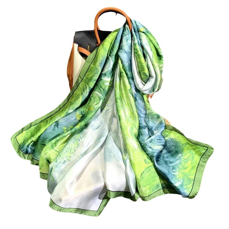 2023 New Style Silk Scarf Green Lijing Satin Sunscreen Scarf Beach Scarf Simulated Silk Long Shawl on behalf of