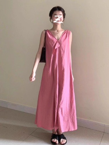 Whitening soft matte powder ~ super beautiful romantic textured double V-neck vest dress for women 2024 summer resort style long skirt