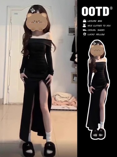 Slit sexy hot girl one-shoulder long skirt 2024 new black pinch waist dress women's spring and summer hip-covering long skirt