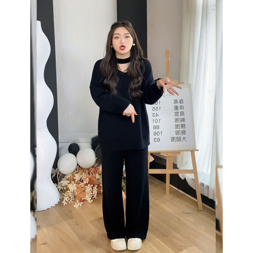 Ms. Ying's large size women's knitted suit for women in autumn and winter fashionable halterneck V-neck sweater wide-leg pants two-piece set