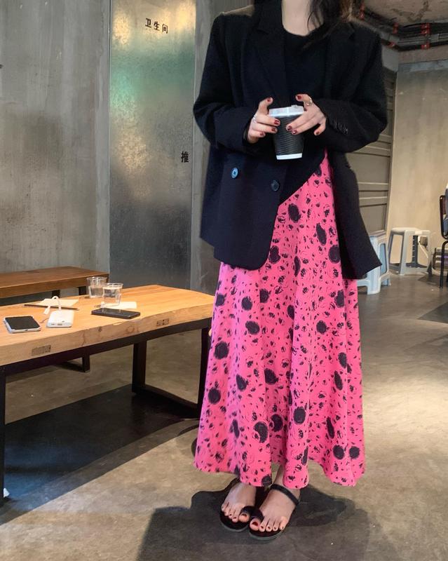 Printed pink elastic high waist skirt A-line skirt