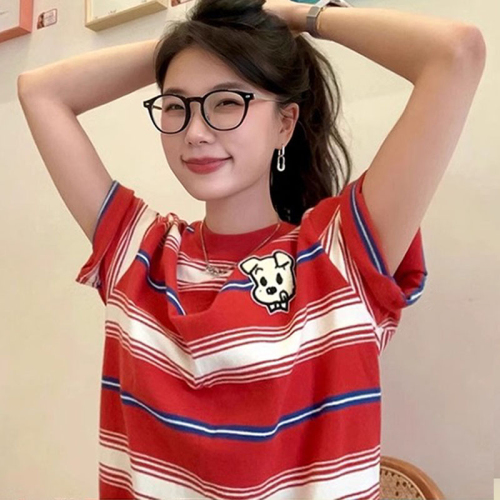 American retro striped puppy short-sleeved T-shirt for women summer loose oversize college style casual versatile top