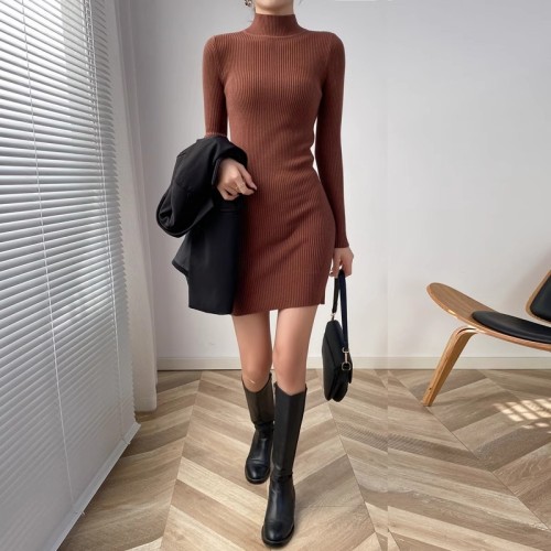 Half turtleneck knitted dress for women 2024 autumn and winter slim fit short Barbie pink hip-hugging sweater short skirt