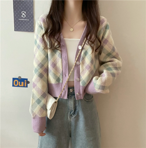 New autumn style fresh V-neck color-blocked sweater cardigan jacket