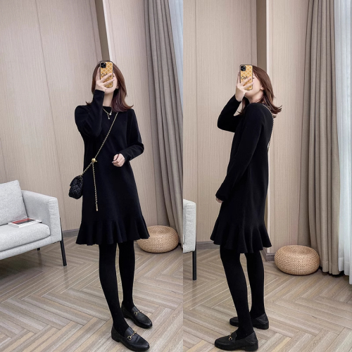 Hepburn style little black dress with slimming inner layer, bottoming knitted long-sleeved dress for women, autumn and winter sweater dress for small people