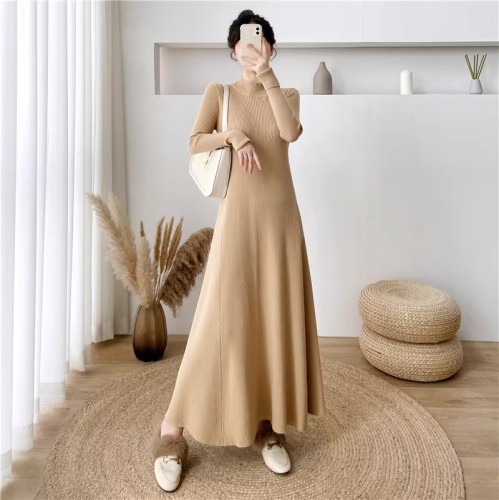 Half turtleneck bottoming knitted dress women's autumn and winter new style slimming extra long sweater dress long skirt