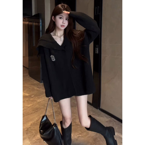 College style black lapel sweater jacket for women 2024 autumn and winter new style lazy style thickened mid-length knitted cardigan