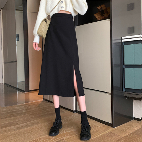 Actual shot and real price Korean style high-waist slimming and drapey side slit mid-length skirt for women A-line skirt