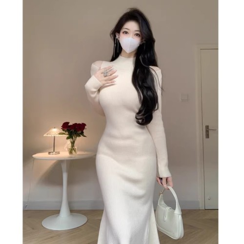 Foreign trade quality knitted dress, slim fit, hip-hugging skirt, long half turtleneck slit sweater skirt