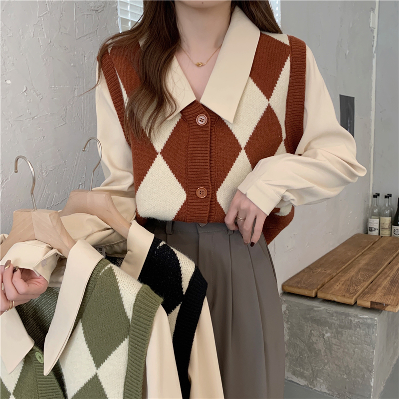 Argyle knitted vest patchwork fake two-piece shirt