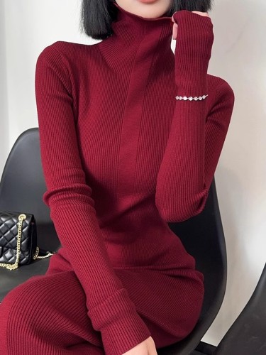 Tall autumn and winter high collar extra long floor-length sweater dress with long sleeves slim bottoming knitted dress for women