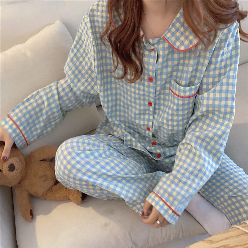 Internet celebrity doll collar pajamas women's green plaid short-sleeved three-piece set buy one hair three girls loose home clothes