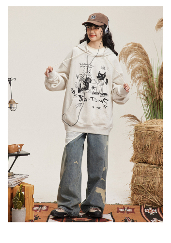 [Tmall/Quality/Thin Style] Heavy Chinese Cotton/Silver Fox Velvet Double-layer Hat Cartoon Hand-painted Printed Sweater