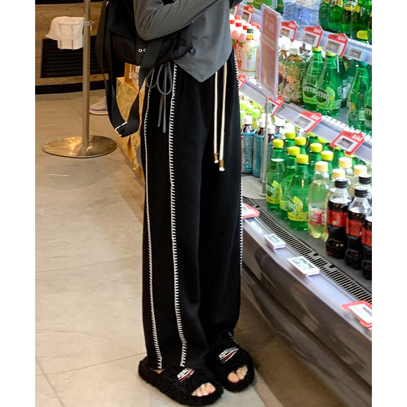 Black striped sports pants for women, spring and autumn thin high-waisted casual pants for fat girls, loose slim straight pants for women