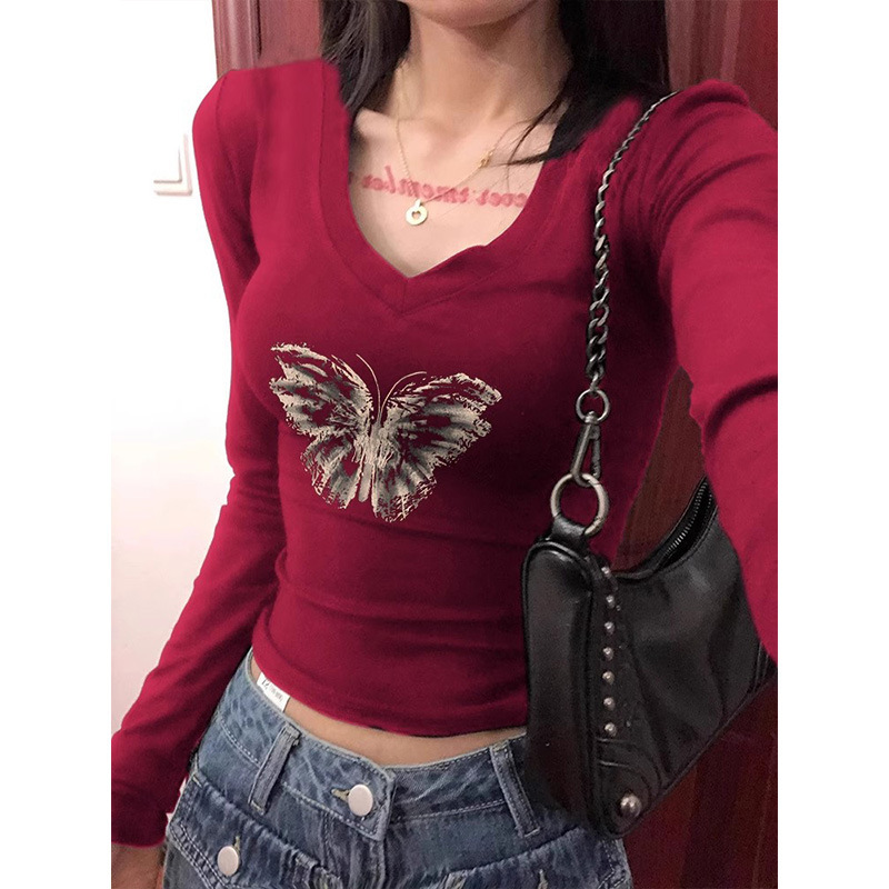 American sweet and spicy long-sleeved t-shirt for women 2024 spring burgundy sweet and spicy top design v-neck bottoming shirt trendy