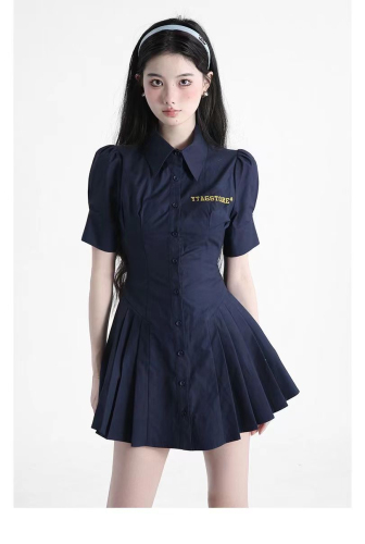 Best-selling preppy lapel dress slimming summer short-sleeved waist pleated high-end elegant buttoned A-line skirt