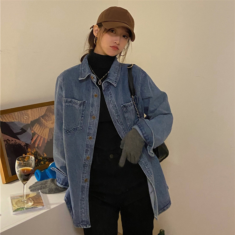 Lazy retro denim shirt jacket women's niche design spring and autumn new Korean style loose top shirt