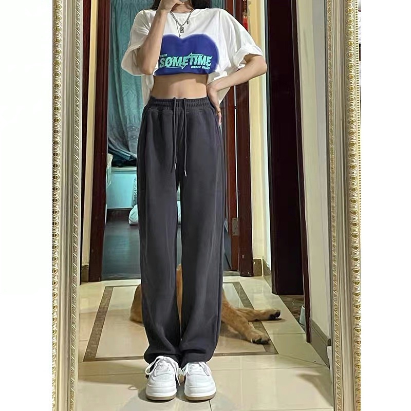 New autumn sports pants for women, loose-fitting, American-style gray sweatpants, slim drawstring straight pants
