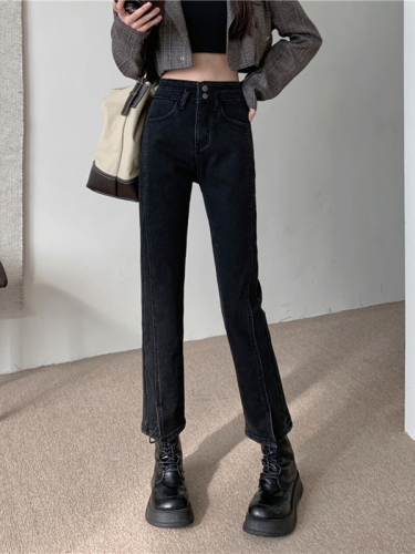 Women's new winter velvet slit jeans, high-waisted, straight, loose, slim, pear-shaped, nine-point cigarette pants