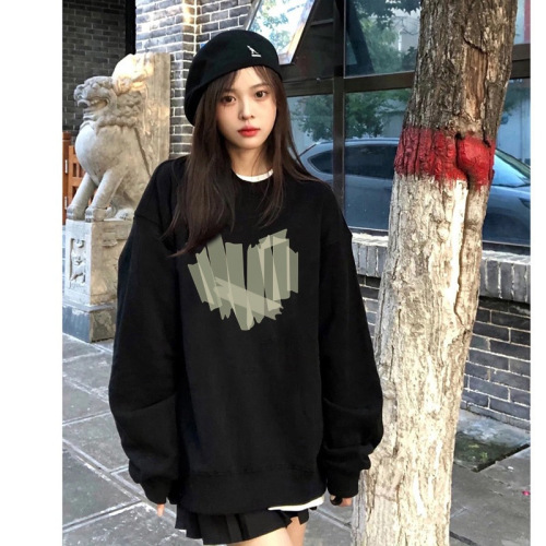 American retro sweatshirt women's spring loose hiphop round neck long sleeve early autumn thin top clothes jacket ins trend