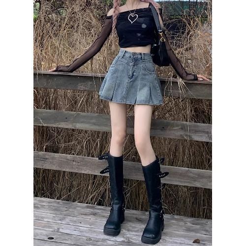 High-waisted denim A-line skirt early spring, autumn and summer 2024 new style small pleated skirt hot style for women