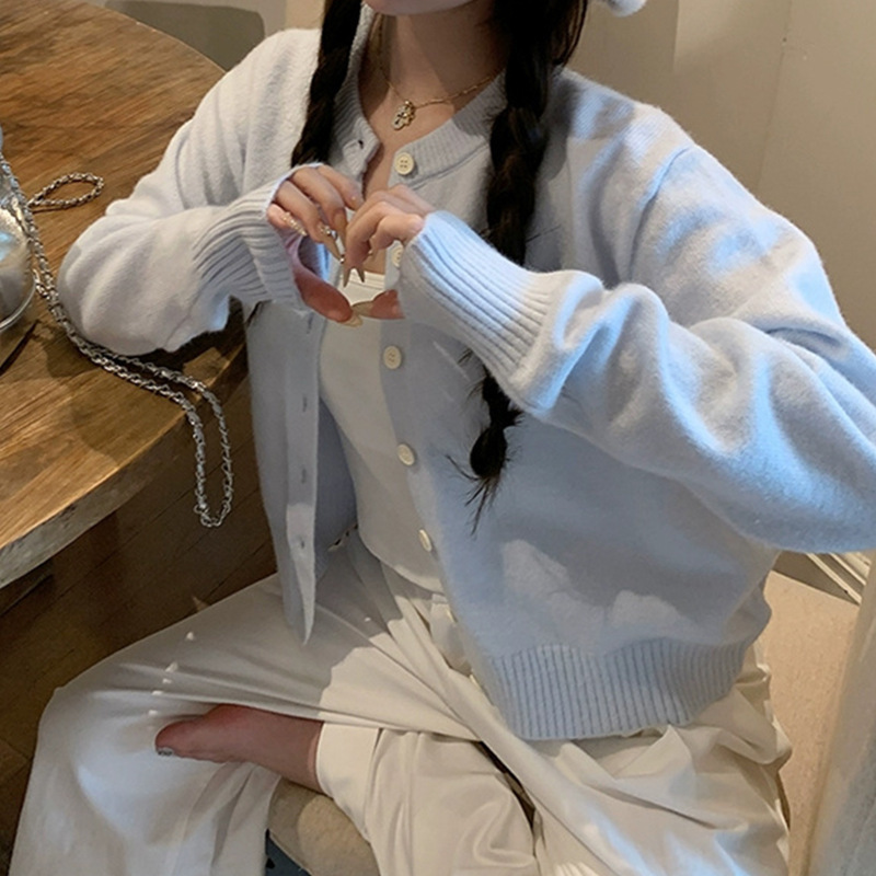 KANING light blue lazy style knitted cardigan jacket for women 2024 spring new soft and waxy short long-sleeved top
