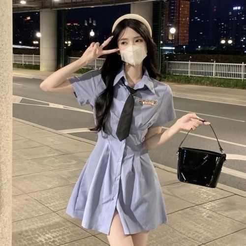 Plus size temperament college hottie summer tie POLO dress slim skirt mm shirt waist