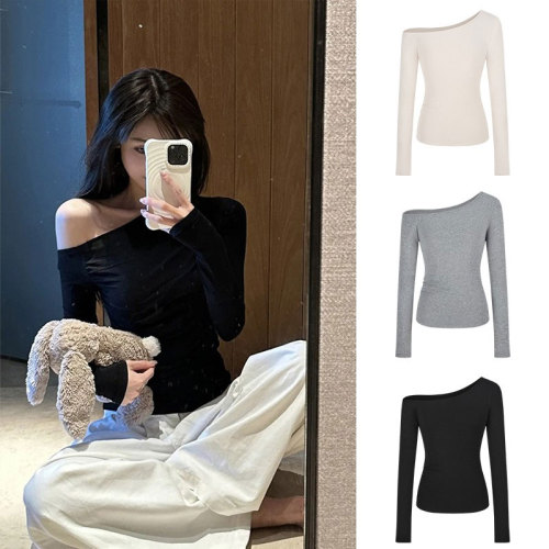 [Original quality] Pure desire hottie slimming off-shoulder long-sleeved top women's early autumn niche versatile bottoming shirt