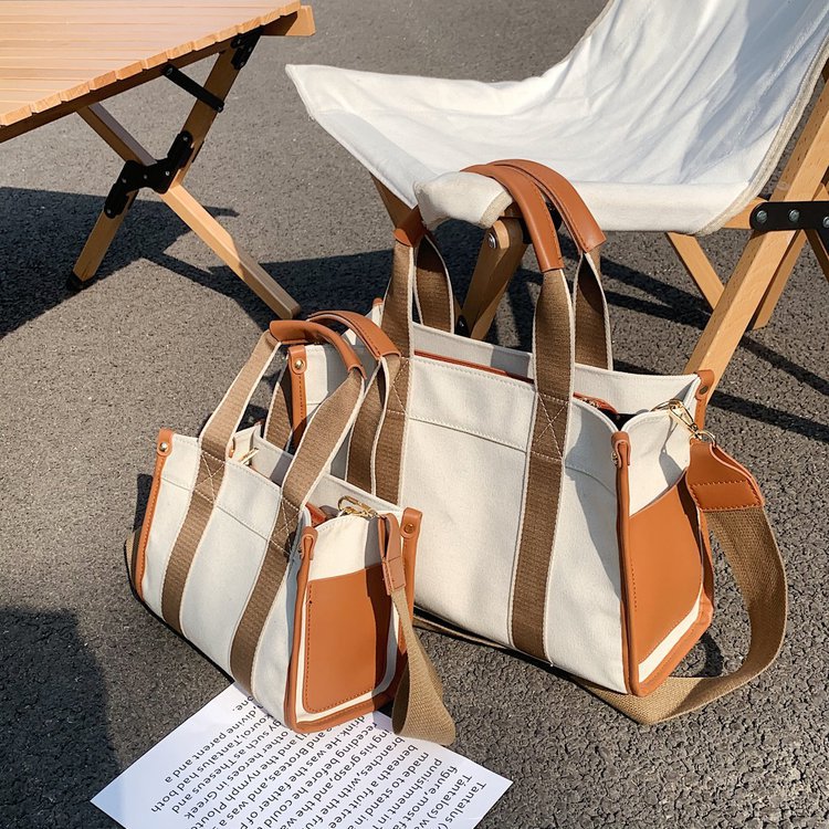 Simple canvas tote bag for women 2024 new Korean version trendy fashion handbag contrasting color commuter shoulder crossbody bag